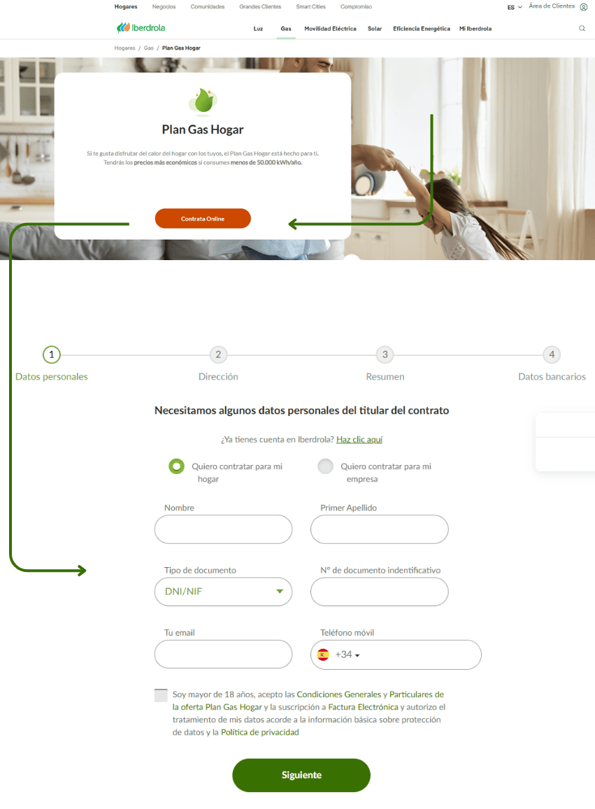 contratación tarifa plan gas hogar Iberdrola online